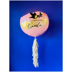 Burbuja con pintura en franjas rosa pastel/dorado, disponible en varios tamaños.